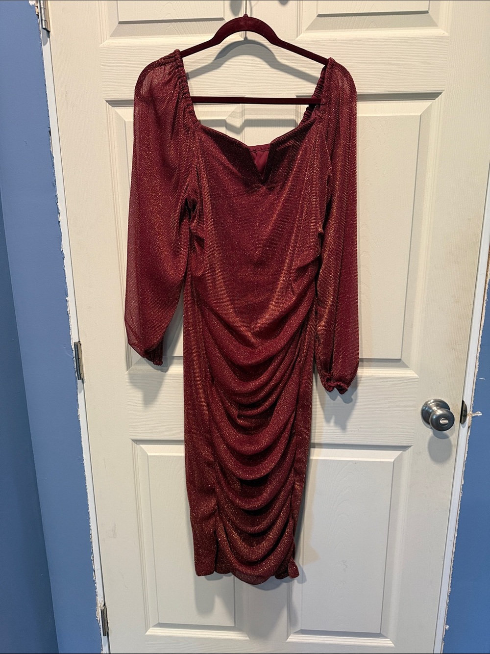 Bloomchic Ruched Long-Sleeve Midi Dress in Shimmering Burgundy
